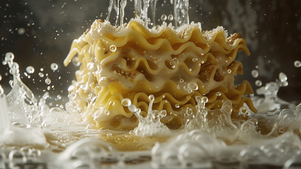 An artistic close-up of a lasagna slice with rippled noodles splashed by water droplets