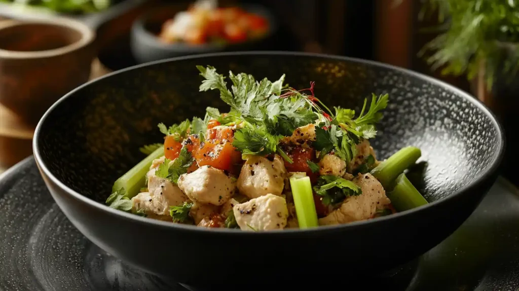 A bowl of the Classic Carol chicken salad garnished with fresh celery and a mix of herbs on an elegant plate.