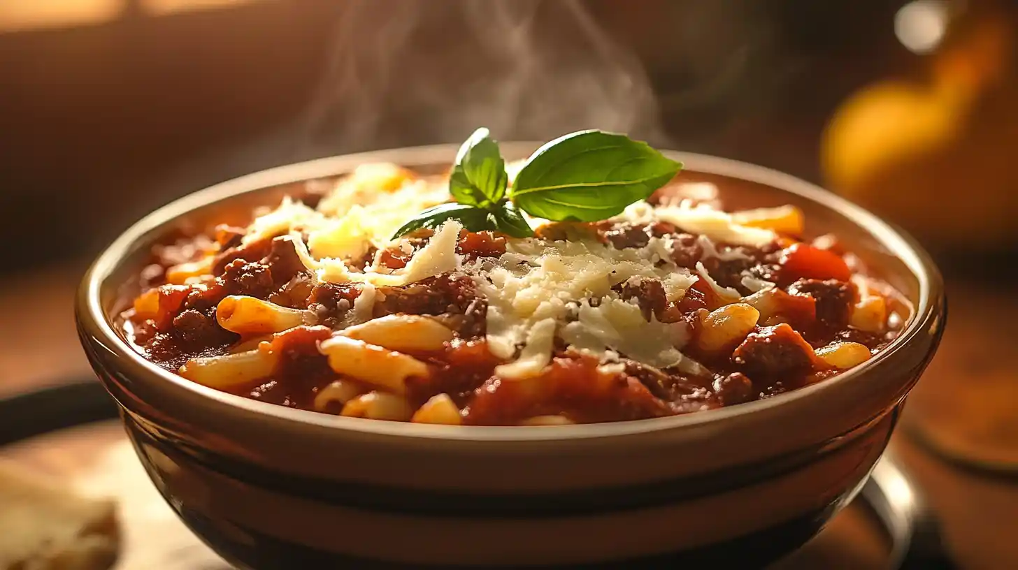 A steaming bowl of Beefaroni garnished with grated cheese and fresh basil, placed on a farmhouse-style kitchen table with wooden utensils and pastel bowls under soft natural light