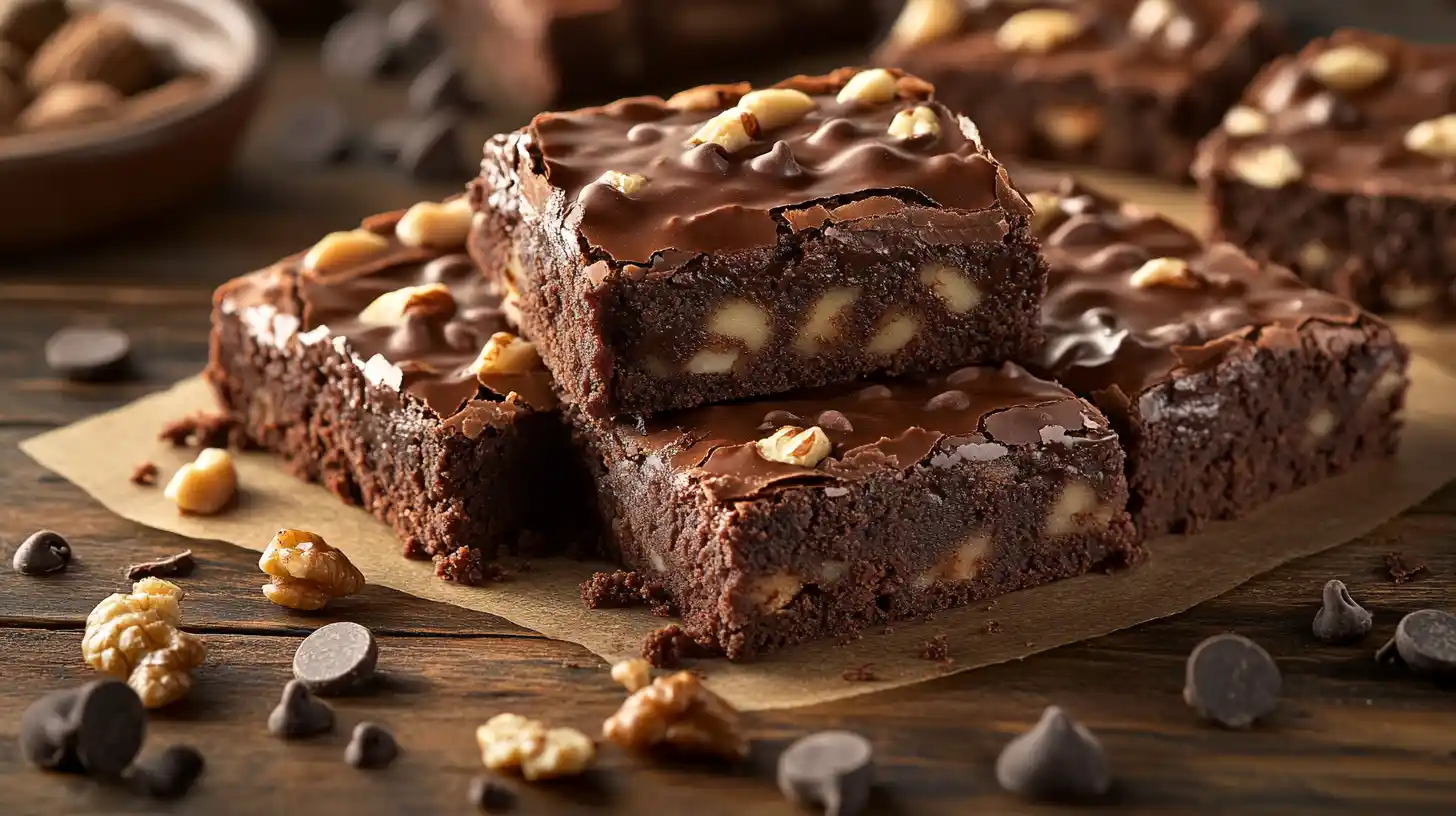 Freshly baked Ghirardelli brownies with a glossy crust, stacked on a wooden table, surrounded by chocolate chips and nuts