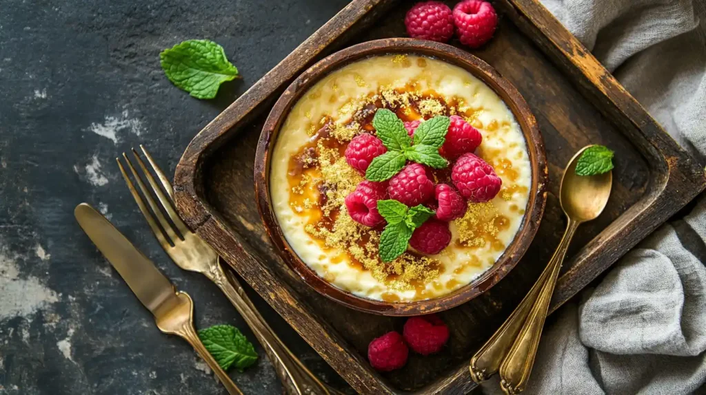 A beautifully plated crème brûlée with a golden crust, topped with raspberries, mint leaves, and gold flakes, served on a wooden tray with elegant cutlery beside it.