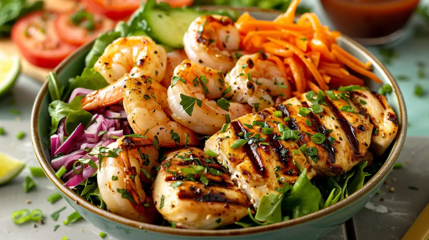 A colorful, high-angle shot of a chicken and shrimp salad bowl featuring vibrant greens, grilled proteins, and a drizzle of dressing.