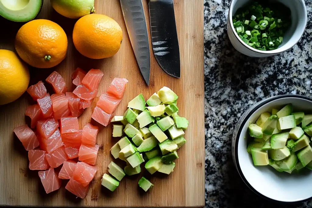 A clean kitchen setup with tools: knife, cutting board, mixing bowls, and citrus fruits, alongside diced tuna and avocado.