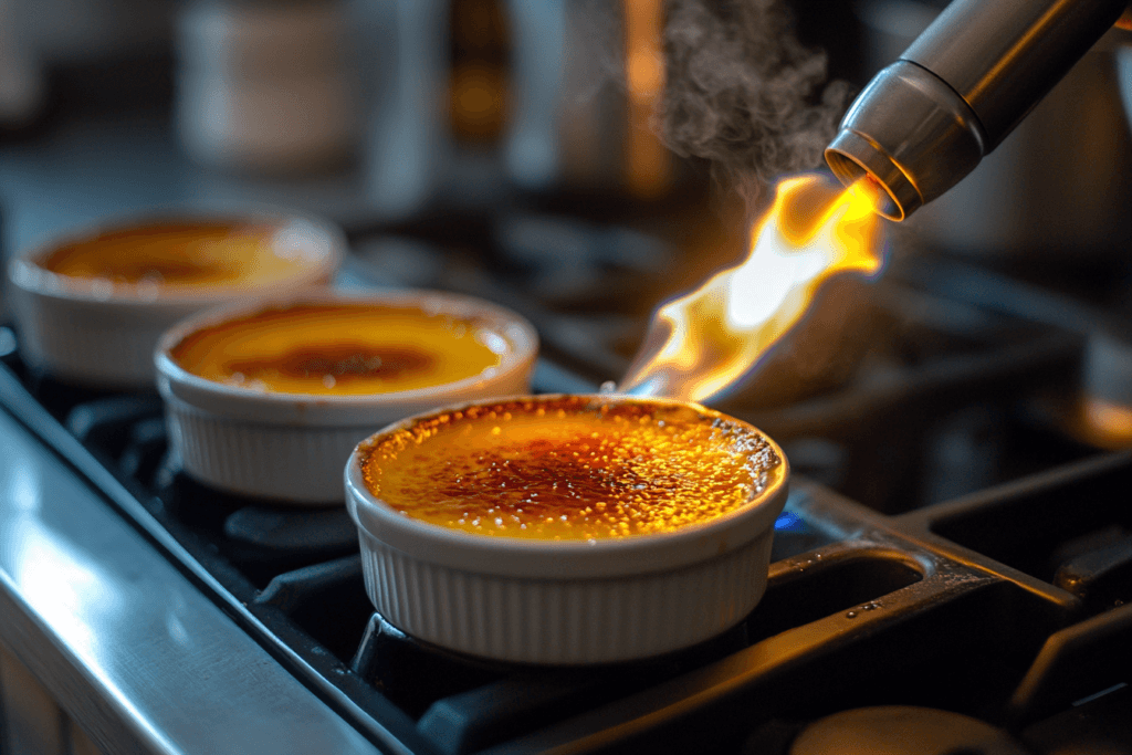 A vibrant kitchen scene showing the preparation of crème brûlée, with ramekins in a water bath, a culinary torch in action, and a beautifully caramelized dessert ready to serve.