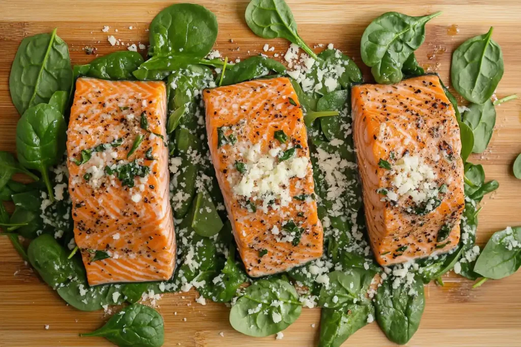 An overhead shot of fresh salmon fillets surrounded by spinach, cream cheese, and Parmesan on a wooden cutting board.