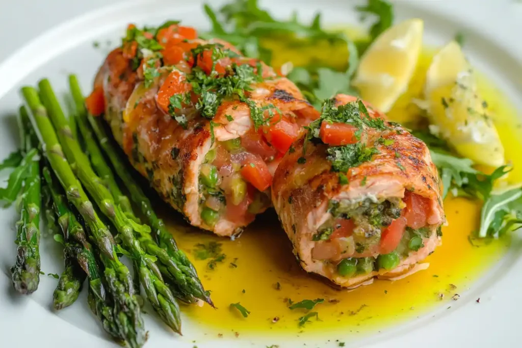 A plated stuffed salmon with vibrant arugula salad beside it (red border) and a side shot of asparagus spears drizzled with olive oil and lemon zest.