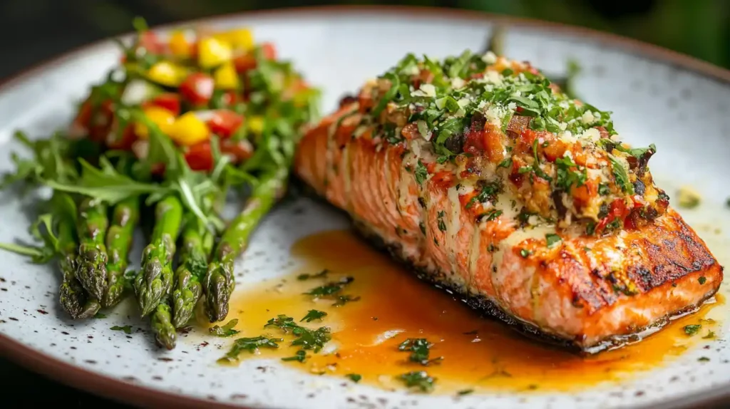 A close-up of a golden-brown *stuffed salmon* fillet plated with a side of roasted vegetables