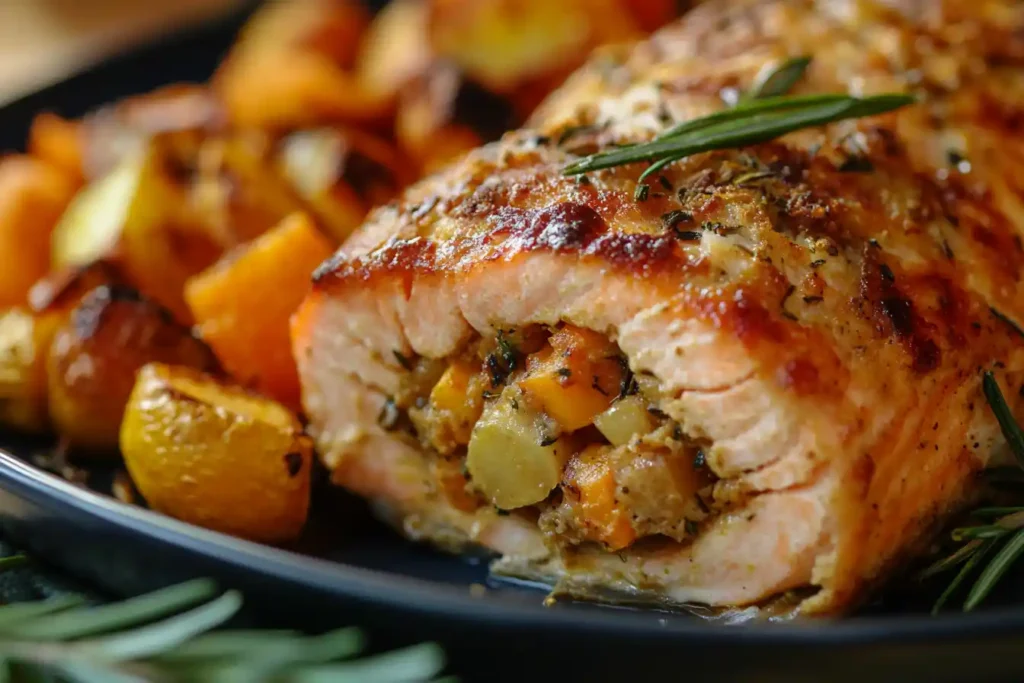 A close-up of a realistic golden-brown stuffed salmon fillet plated with a side of roasted vegetables