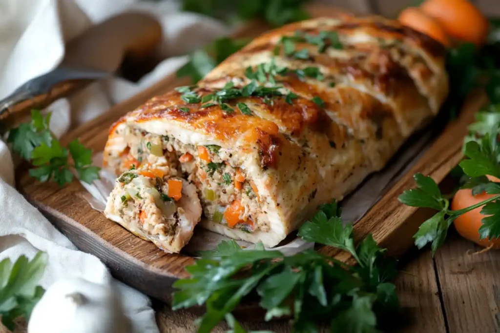 
A photo of baked stuffed salmon on a rustic wooden plate, surrounded by fresh vegetables and a sprig of parsley, with warm natural lighting.