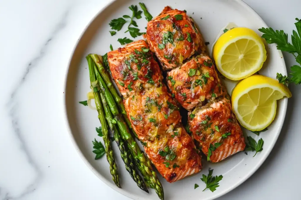 A top-down view of the stuffed salmon plated with lemon wedges and a side of asparagus, garnished with parsley. The plate rests on a marble countertop with soft natural light.