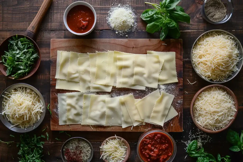 correct lasagna layers: A flat lay of key lasagna ingredients--fresh pasta sheets, mounds of shredded cheese, bowls of sauce, and fresh herbs like basil and parsley.