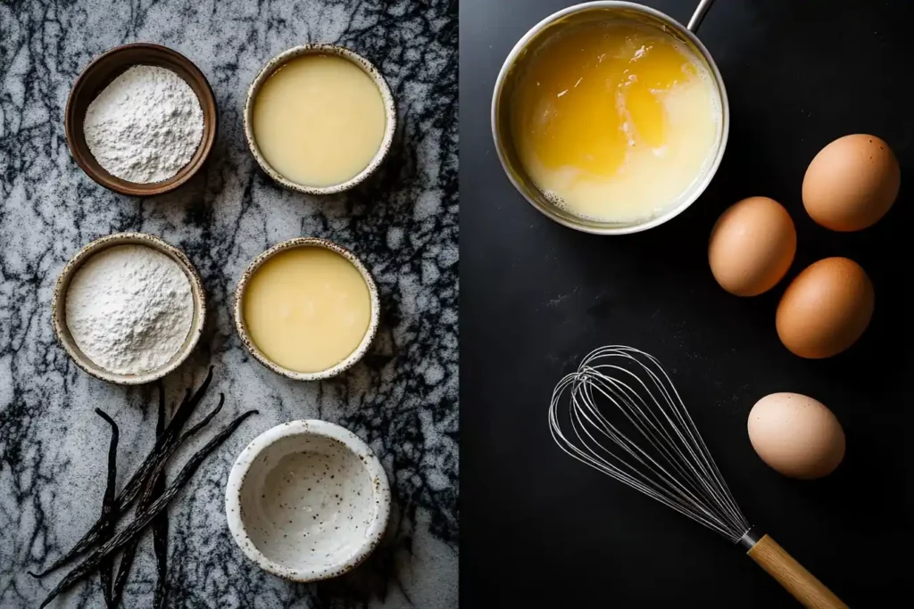 A side-by-side image of basic ingredients (eggs, cream, sugar, vanilla beans) arranged artfully for crème brûlée and custard preparation. Include props like a blowtorch and ramekins for crème brûlée, and a whisk and saucepan for custard.