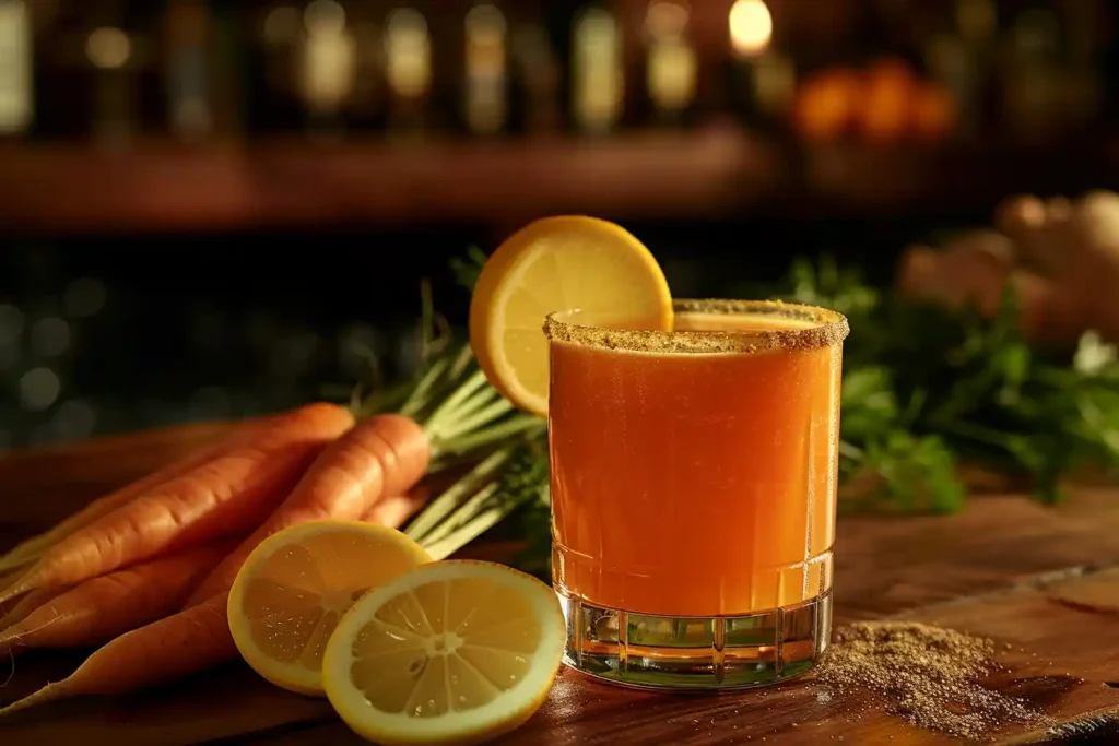 A vibrant glass of fresh carrot juice on a rustic wooden table, surrounded by raw carrots and lemon slices