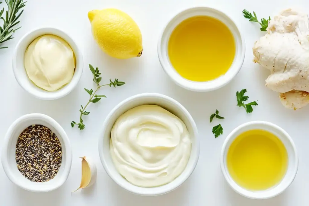 image of classic chicken salad sauce ingredients (mayonnaise, mustard, lemon juice) arranged neatly in bowls on a kitchen 