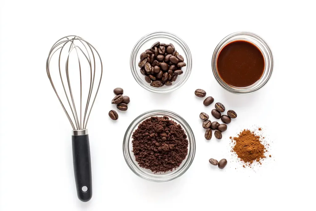 A flat-lay shot of brownie batter with espresso powder, vanilla extract, and a whisk, showcasing the mixing process.