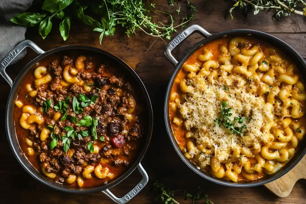 A split-image visual: one side displaying a hearty paprika-infused stew and the other side a creamy pasta dish topped with melted cheese.