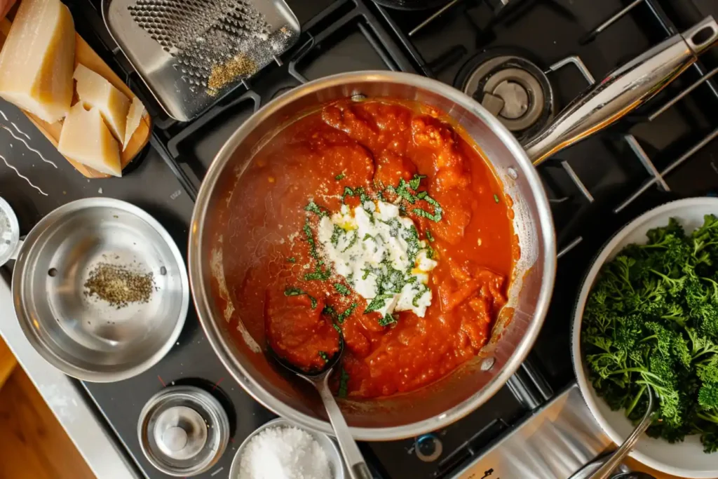 correct lasagna layers: A step-by-step visual showing sauce simmering on the stove, ricotta being mixed with herbs, and tools like a ladle and cheese grater displayed neatly.