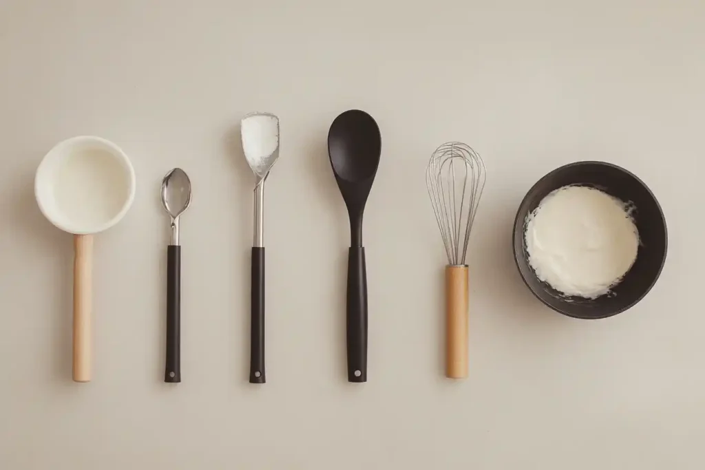 A flat lay of essential tools: ramekins, culinary torch, and a saucepan set against neutral kitchen counter backgrounds, emphasizing their culinary uses for both desserts.