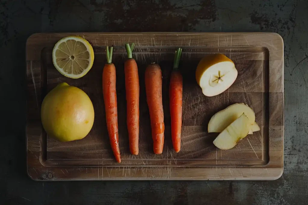 A flat lay of fresh carrots, a piece of ginger, apple wedges, and a lemon, arranged neatly on a chopping board.