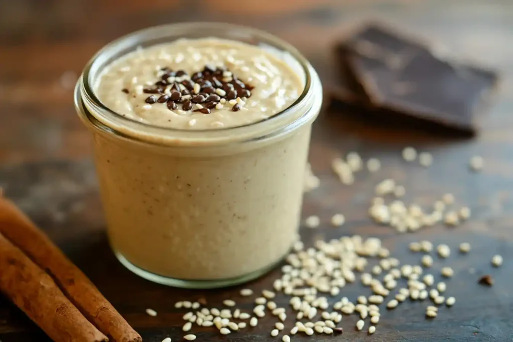 Close-up of a tahini jar, sesame seeds spilled around, and a chocolate drizzle on the side for contrast.