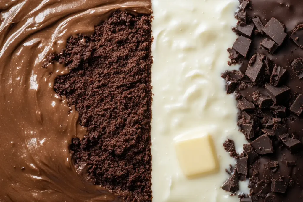 A side-by-side comparison of two brownie batters: one mixed with milk and melted butter, and the other with water and oil.