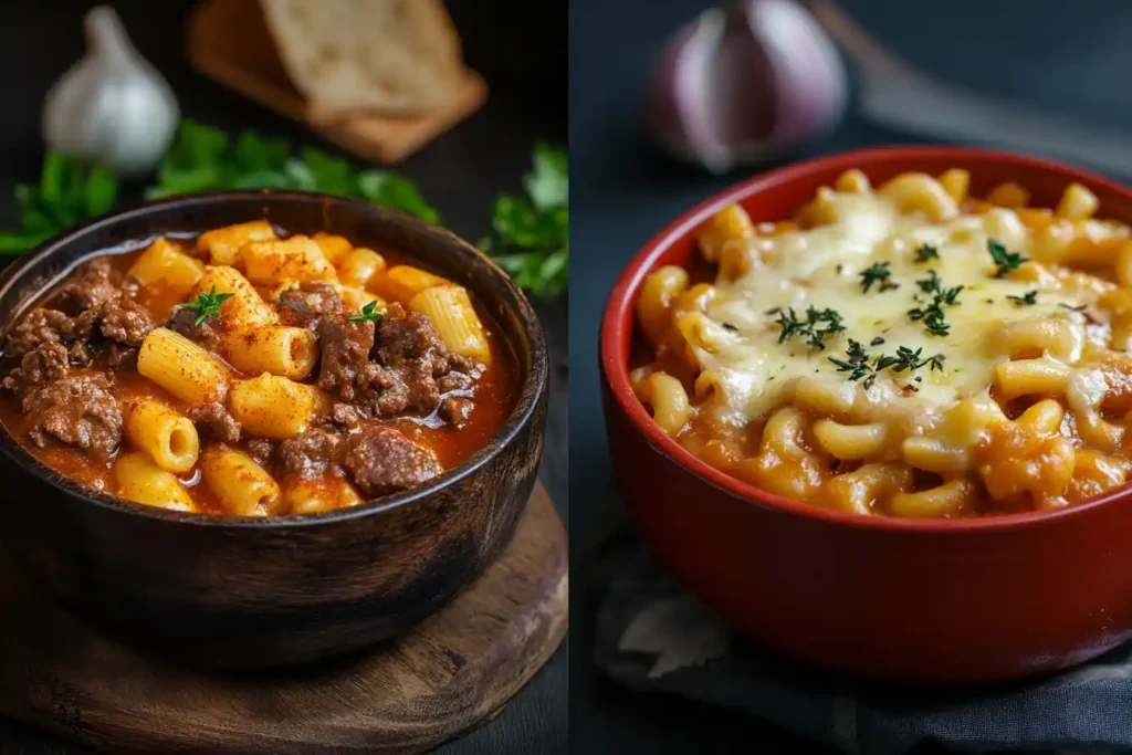 A split-image visual: one side featuring a rich, paprika-spiced stew and the other a cheesy pasta dish with a golden, melted topping.