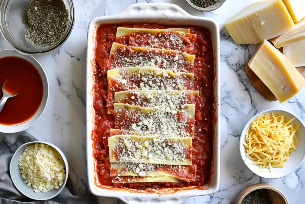 A vibrant, step-by-step visual showing the layering process--starting with sauce, adding the pasta sheets, layering cheeses, and finishing with a melted top layer of mozzarella and Parmesan.