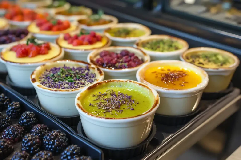 A colorful display of unique crème brûlée variations--like matcha, espresso, and lavender--alongside a lineup of custards adorned with fresh fruit and seasonal spices.Perfect Pairings: What Complements Crème Brûlée and Custard