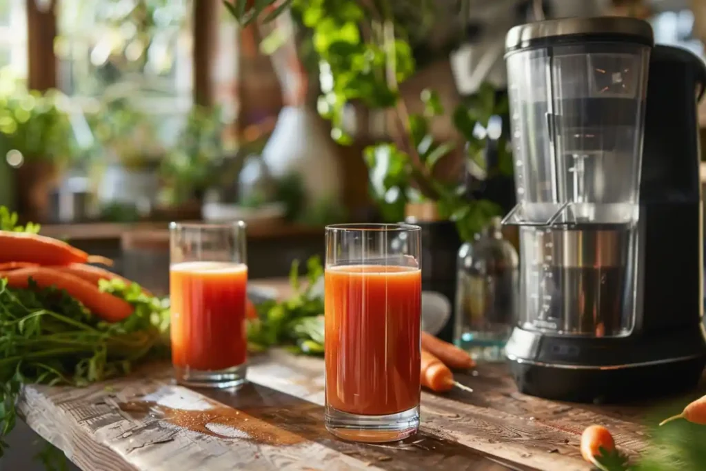  A freshly made glass of carrot juice placed on a rustic wooden table, surrounded by fresh carrots, a juicer, and a blender to depict the preparation process