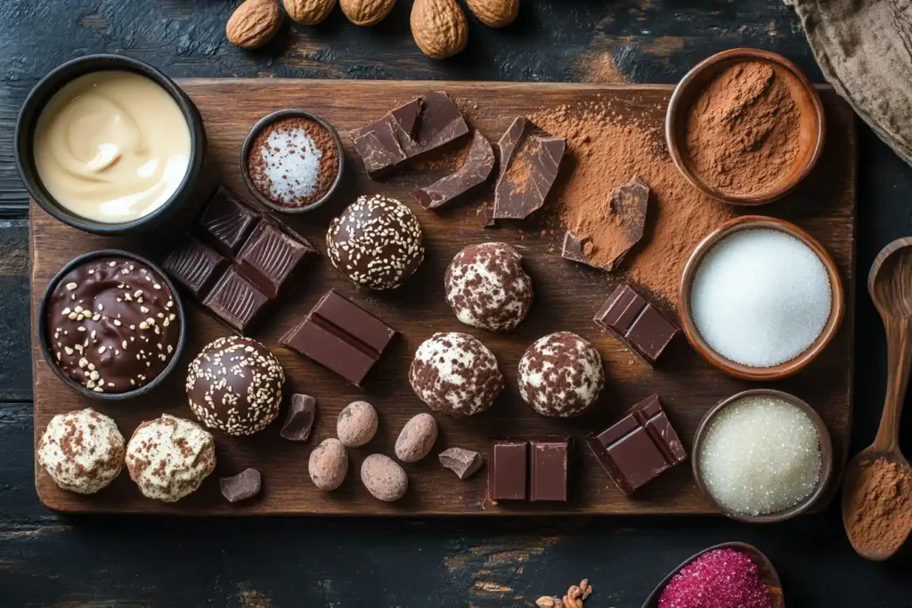  shot of all ingredients laid out on a wooden board, including tahini, cocoa powder, and sugar for a vibrant visual appeal.