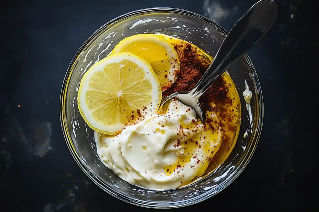 a top-down view of the sauce ingredients in a bowl, showcasing mayo, mustard, lemon slices, and spices side by side