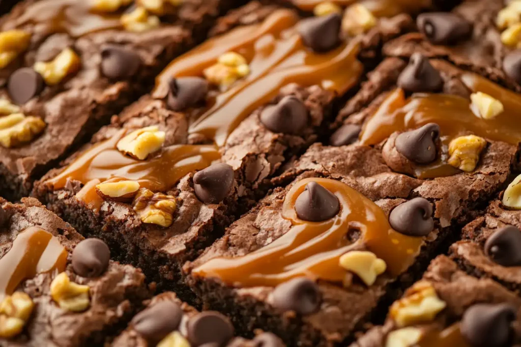 A close-up of Ghirardelli brownies with chocolate chips, caramel swirls, and walnut pieces arranged artistically before baking.