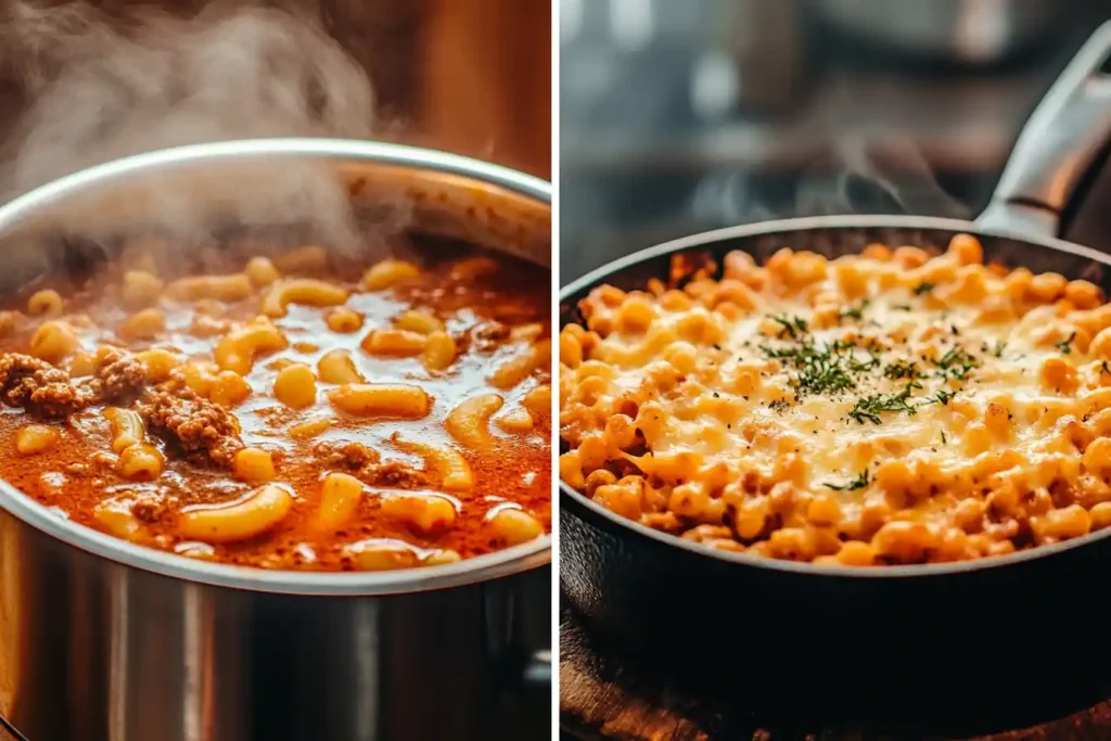 A split-screen visual comparing a bubbling pot of Hungarian goulash stew on the left with a skillet of cheesy baked beefaroni on the right.