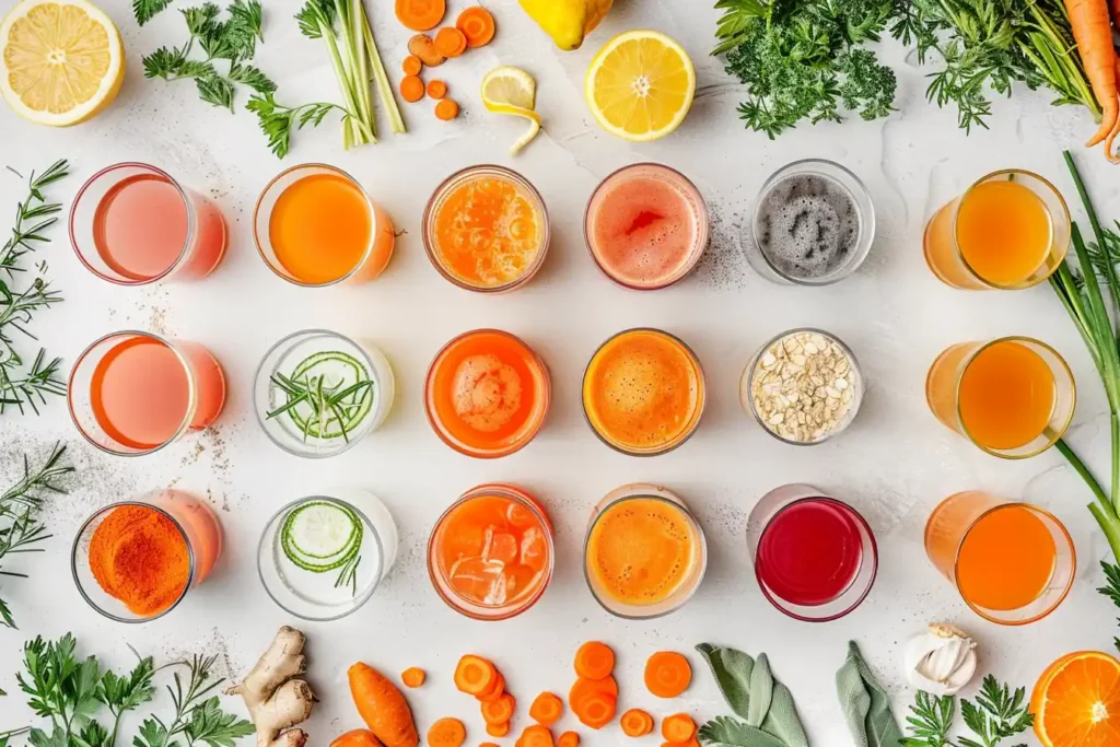 A vibrant array of carrot juice variations in glasses, each labeled with their ingredients (e.g., Carrot-Ginger-Lemon, Carrot-Apple-Celery)