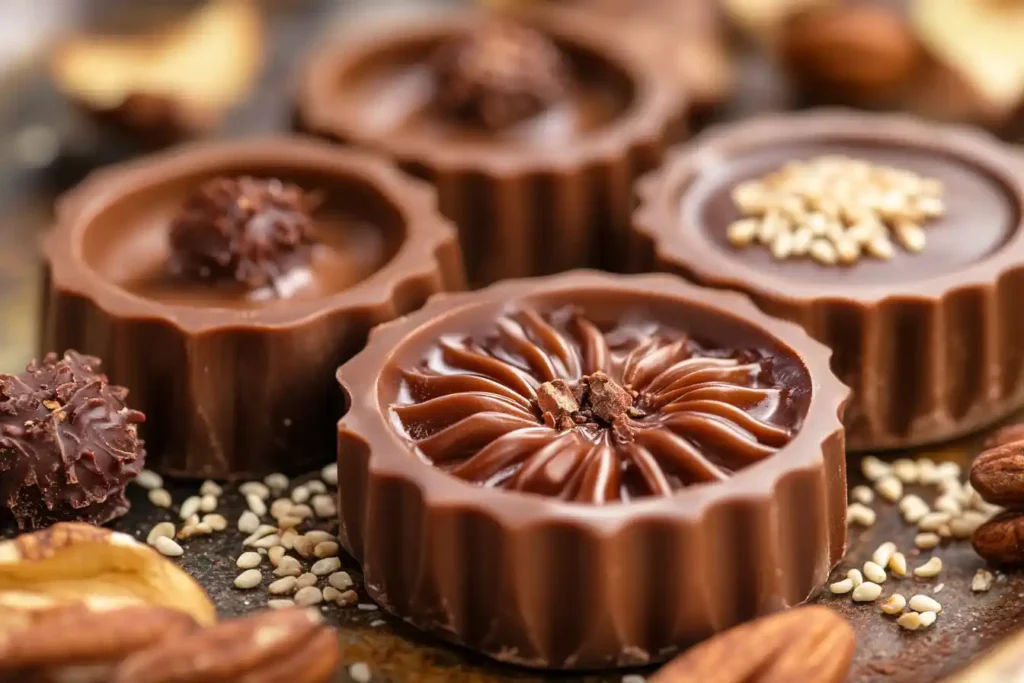 Capture the cooling chocolate in decorative molds, garnished with nuts or sesame seeds, to enhance aesthetic appeal.