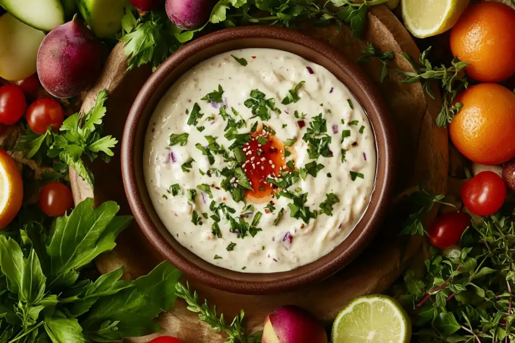 Showcase a visually appealing layout of traditional and unconventional ingredients, such as hot sauce, herbs, and fruit pieces