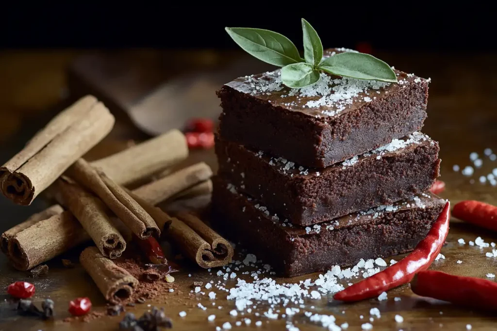 A stack of brownies sprinkled with sea salt and surrounded by cinnamon sticks and chili peppers for a pop of visual interest.