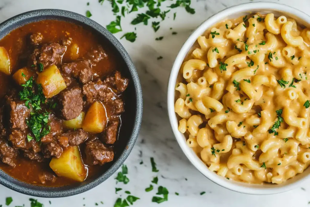 An overhead shot displaying two bowls: one with traditional Hungarian goulash featuring chunks of beef and potatoes, and the other with creamy beefaroni studded with macaroni.