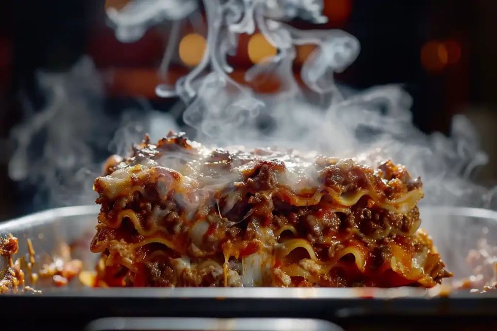 A close-up shot of a steaming lasagna slice being lifted out of a casserole dish, showcasing its distinct layers of pasta, sauce, and melted cheese.