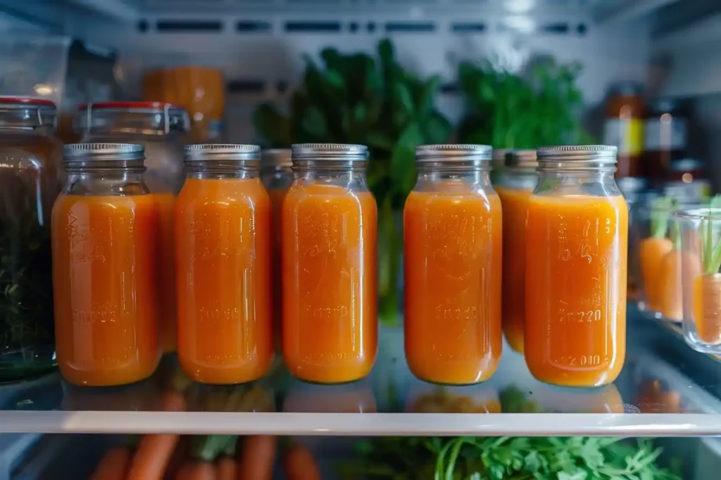 photo of carrot juice stored in labeled, airtight glass jars inside a refrigerator.