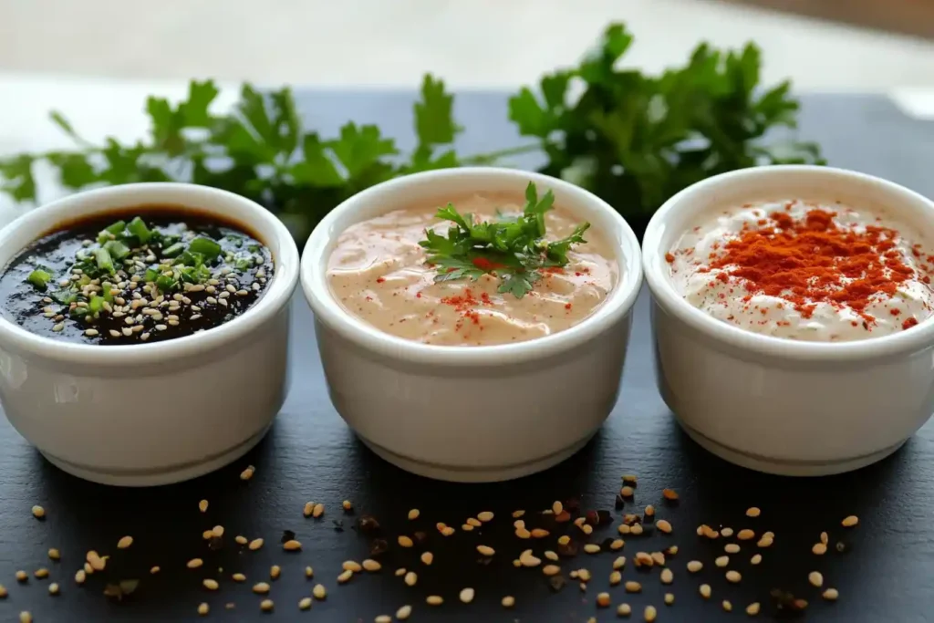 A visually rich photo of three bowls of chicken salad sauces from different regions—Mediterranean (fresh herbs), Asian (soy sauce and sesame seeds), and Southern (creamy with paprika garnish).