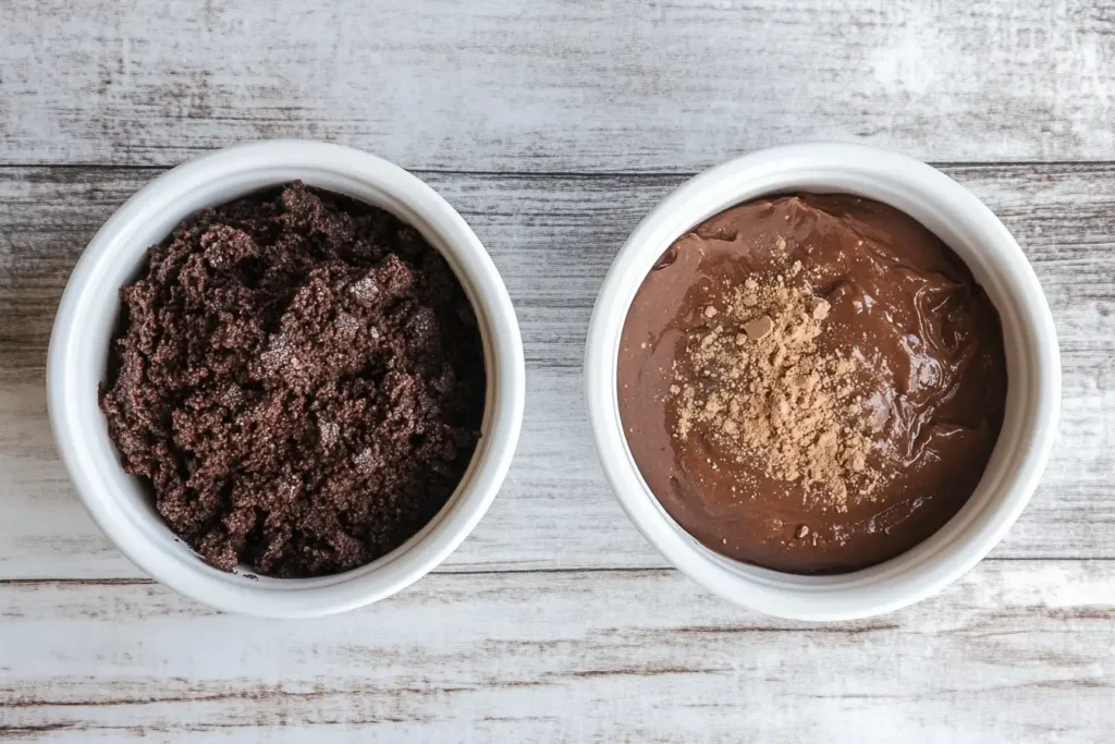 A comparison of brownie mix bowls: one with applesauce and another with traditional oil, highlighting health-conscious ingredients