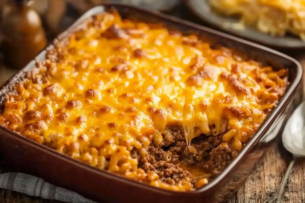 A casserole dish with cheesy beefaroni, the melted cheese bubbling on top alongside a serving spoon.