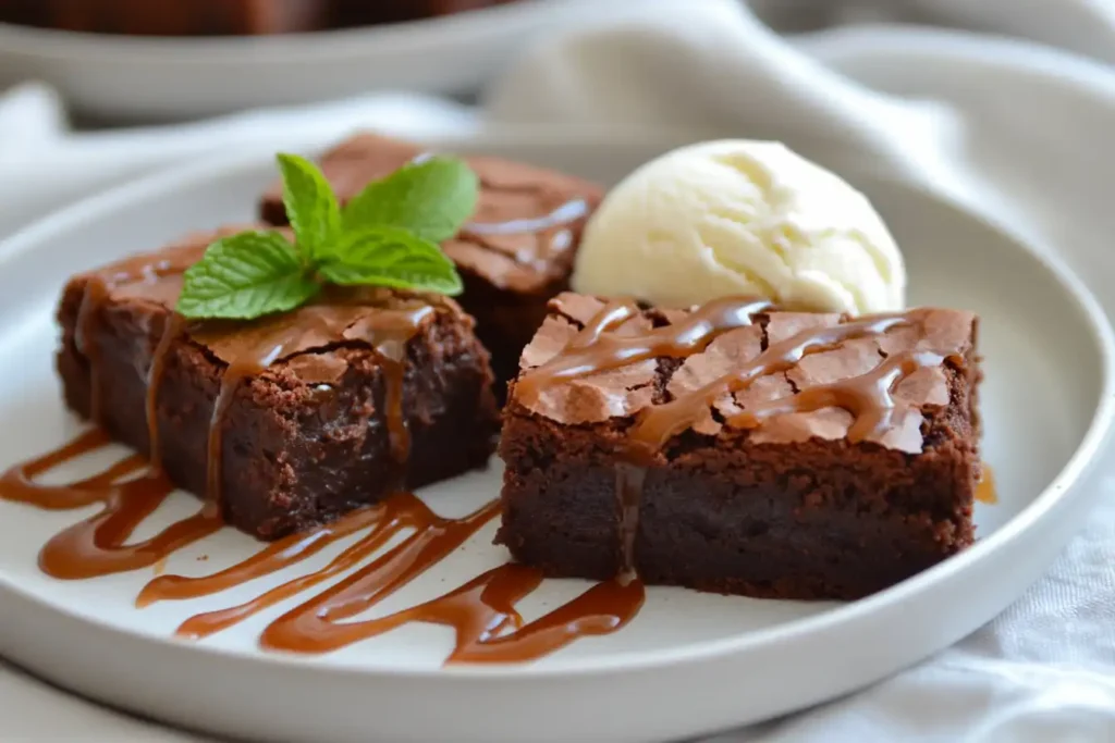 Improve on Ghirardelli brownie mix: Plated brownies with artistic caramel drizzle and a side of vanilla ice cream, garnished with mint leaves