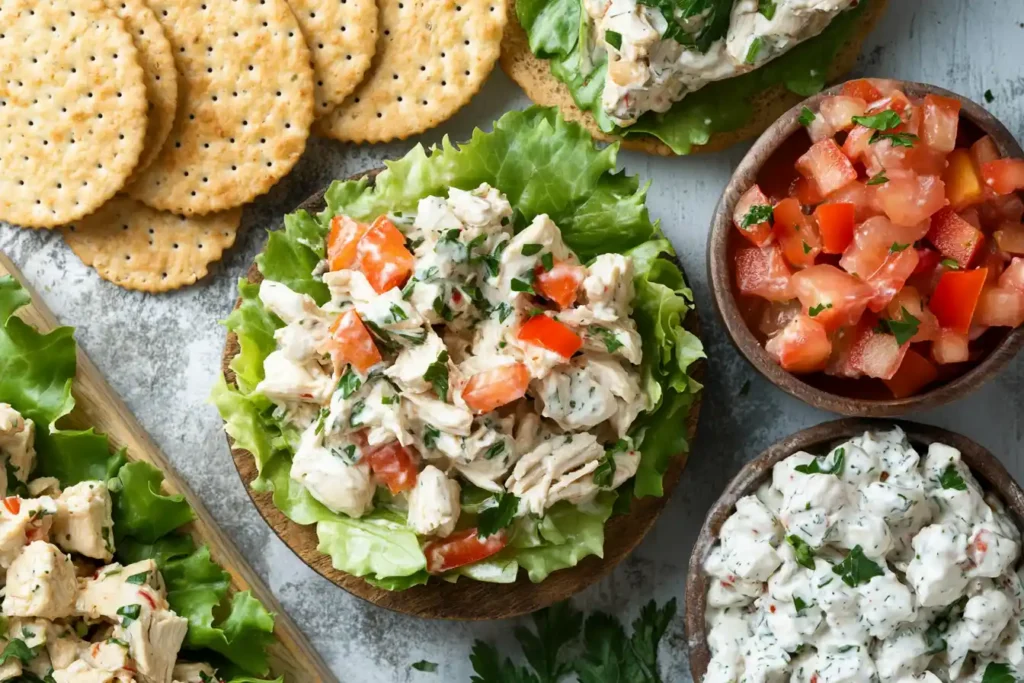 Set up a vibrant display with chicken salad served in three creative ways--on a sandwich, in a lettuce wrap, and on crackers, highlighting the sauce’s versatile role.