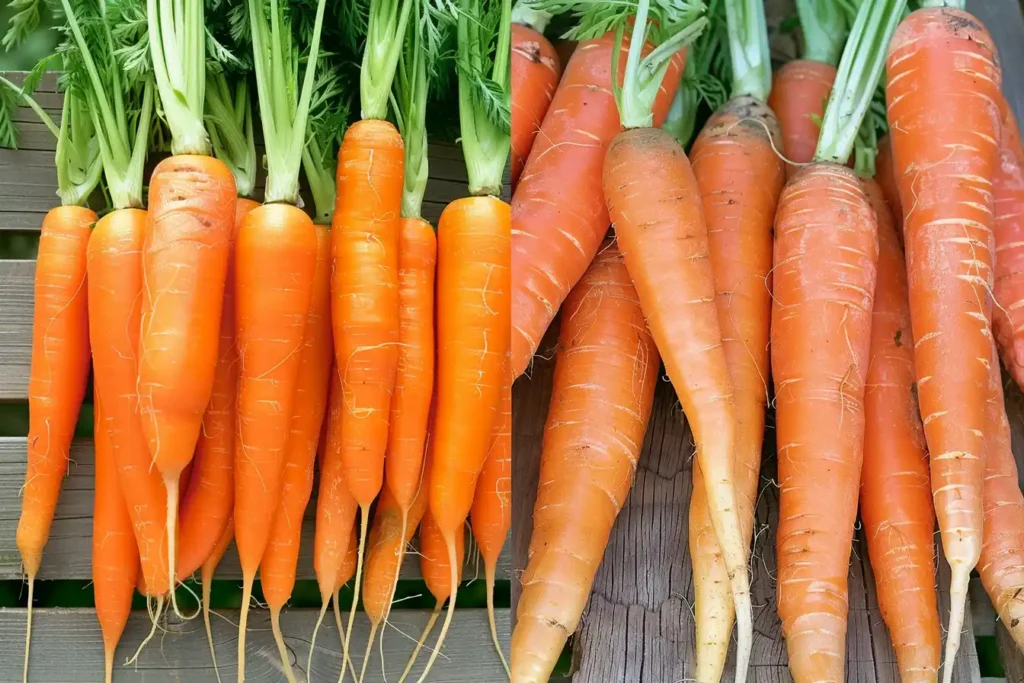 Side-by-side comparison of fresh, vibrant carrots and wilted, dull ones, emphasizing the difference in quality.