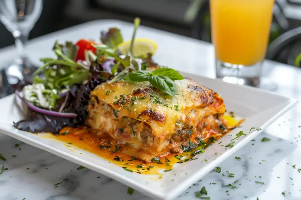 A beautifully plated lasagna slice on a white dish, garnished with fresh basil and accompanied by a side salad and a glass of lemon juice.