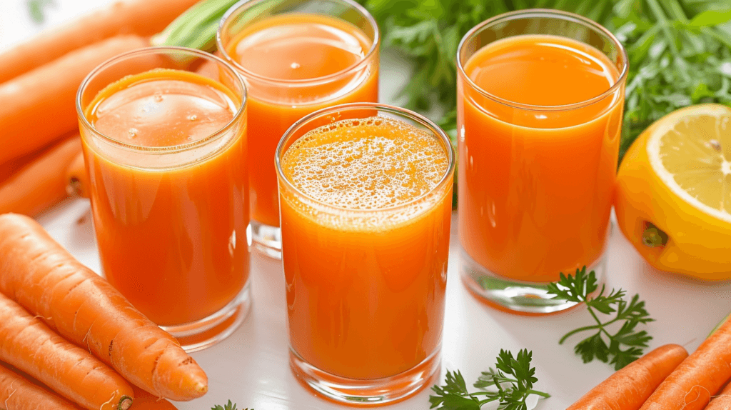 array of carrot juice variations in glasses, each labeled with their ingredients (e.g., Carrot-Ginger-Lemon, Carrot-Apple-Celery)