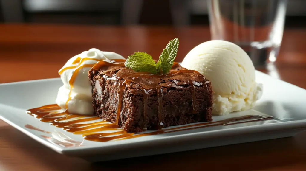 Plated brownies with artistic caramel drizzle and a side of vanilla ice cream, garnished with mint leaves.