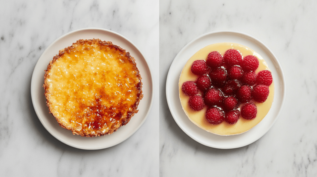 A beautifully plated visually striking comparison image showcasing a cracked crème brûlée crust beside a fruit-topped custard dish, plated on a marble countertop.